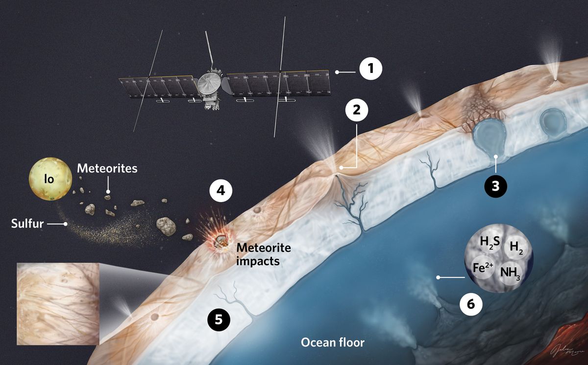 Infographic showing how the Europa Clipper will characterize many features of the icy moon orbiting Jupiter to determine whether or not it offers a good place to search for life. Infographic showing how the Europa Clipper will characterize many features of the icy moon orbiting Jupiter to determine whether or not it offers a good place to search for life.