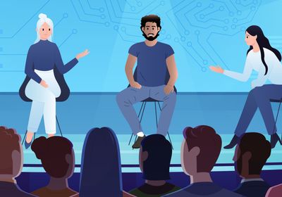 Illustration of four speakers on a panel facing an audience with a blue background behind them.