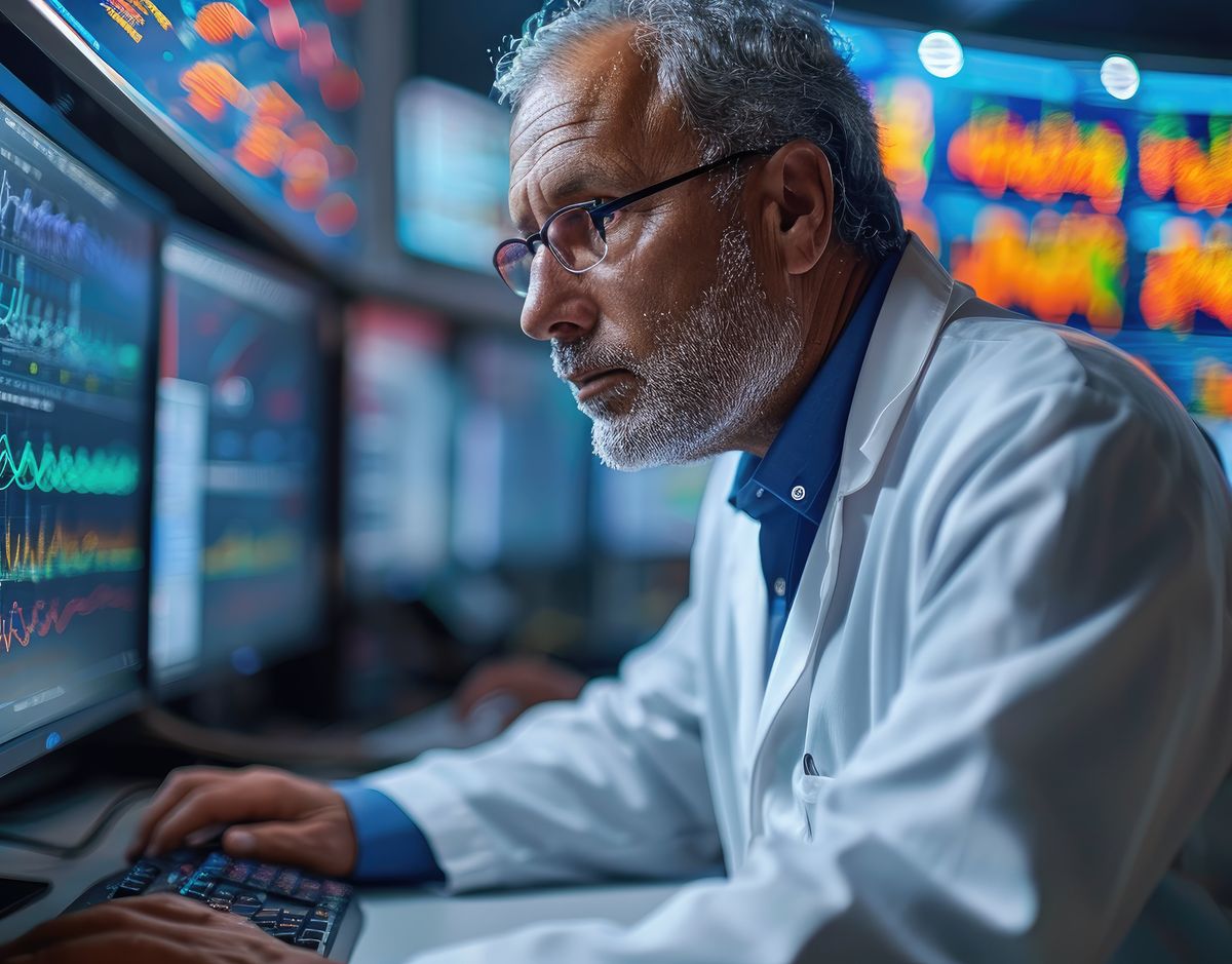A scientist in a lab coat analyzes data on a monitor A scientist in a lab coat analyzes data on a monitor