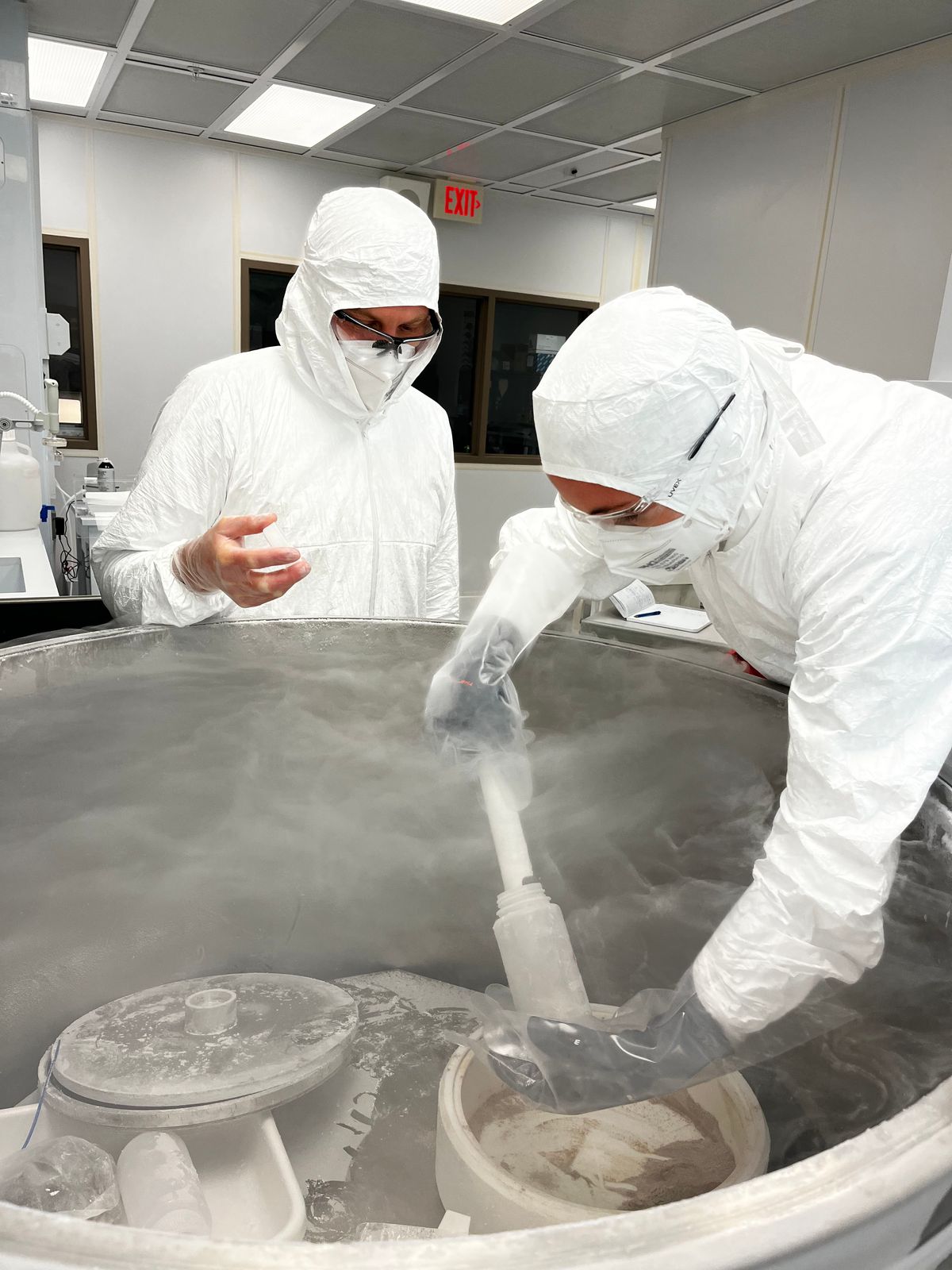 Two scientists donning white suits look at frozen stool samples in the lab. Two scientists donning white suits look at frozen stool samples in the lab.