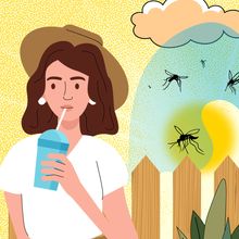 A woman is outside with a scent trail behind her that attracts two hungry mosquitoes.