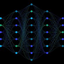 Neural network model with thin synapses and circle neurons connected in a full mesh. Vector illustration on black background. Applicable for web design, banners, presentations