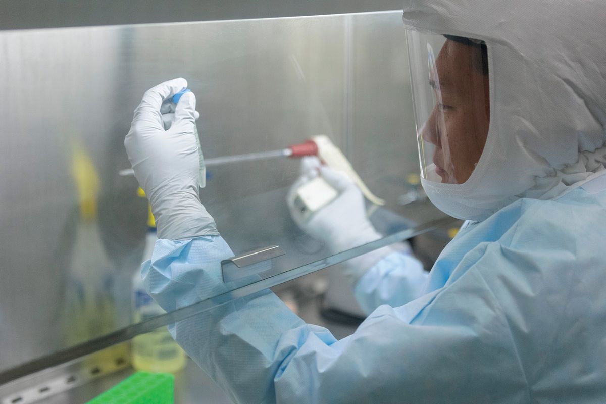 A researcher wears gloves and pipettes liquid in a fume hood. A researcher wears gloves and pipettes liquid in a fume hood.