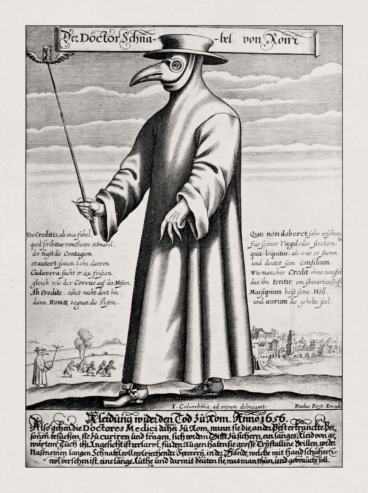 An illustration of a 17th-century plague doctor wearing a full overcoat and a bird beak mask. An illustration of a 17th-century plague doctor wearing a full overcoat and a bird beak mask.
