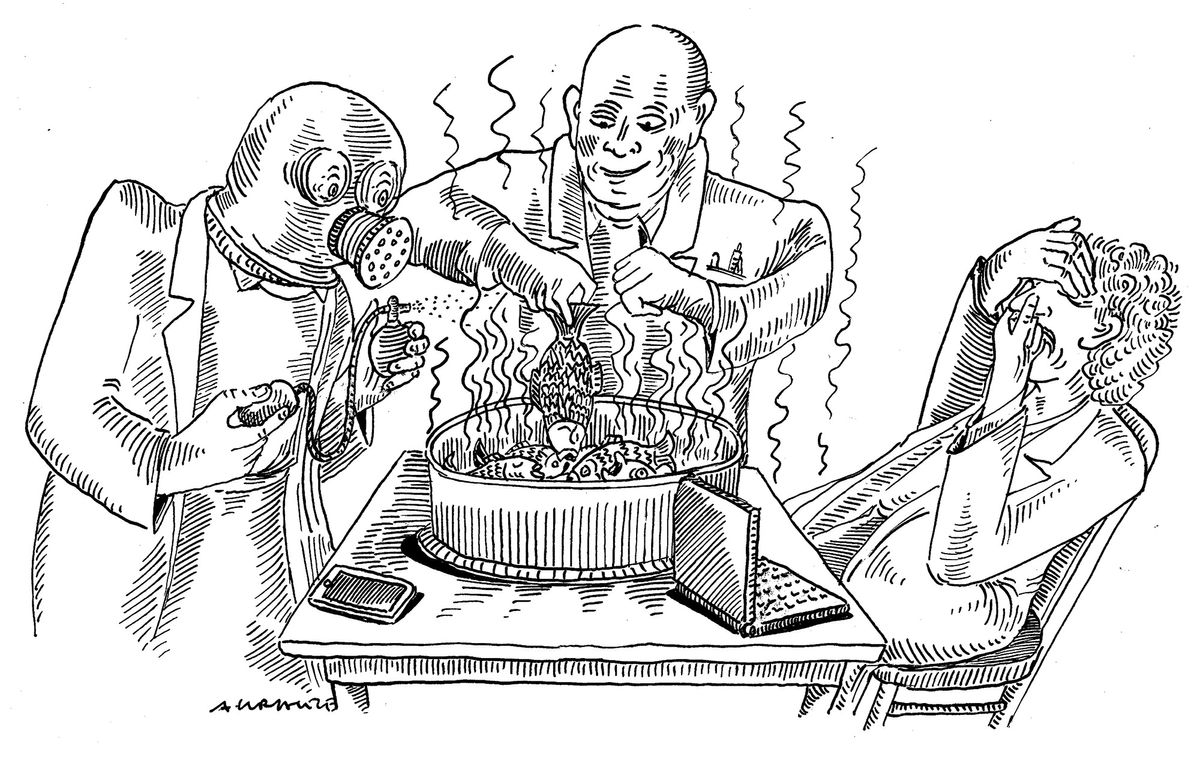 Illustration of scientists working with rotting fish Illustration of scientists working with rotting fish