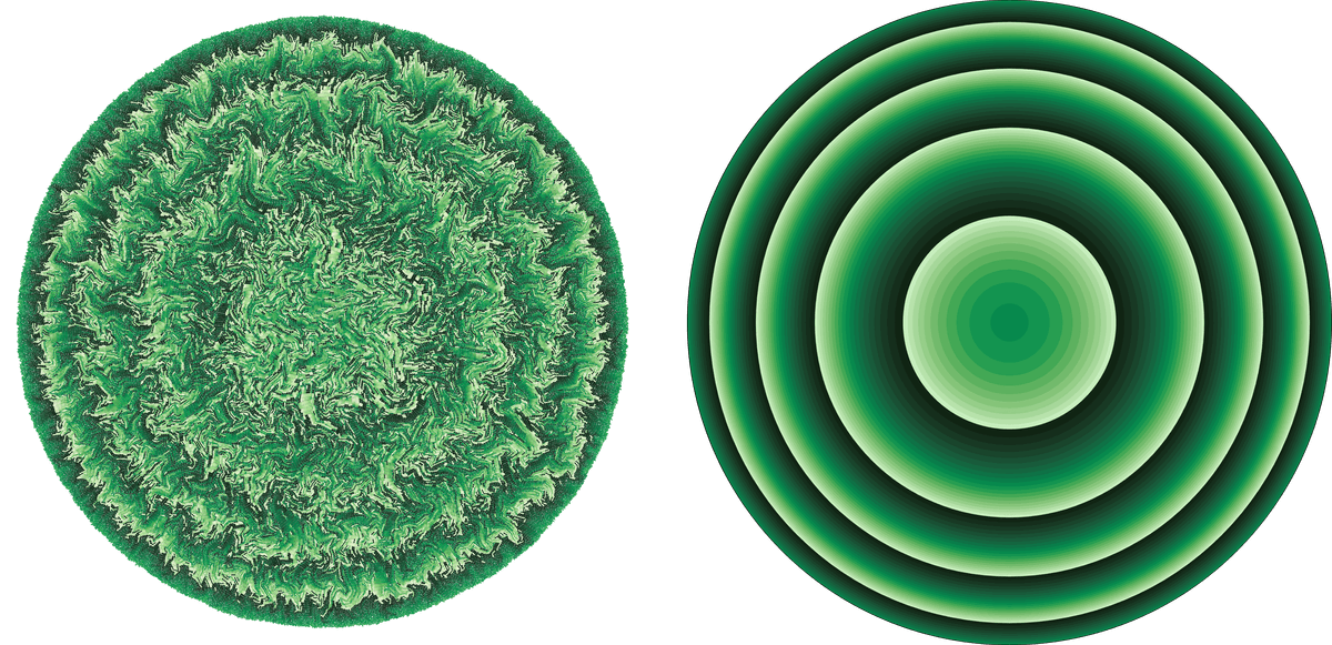 Image of a particle simulation on the left and continuum simulation of bacterial colony growth on the right under medium stress conditions. Image of a particle simulation on the left and continuum simulation of bacterial colony growth on the right under medium stress conditions.